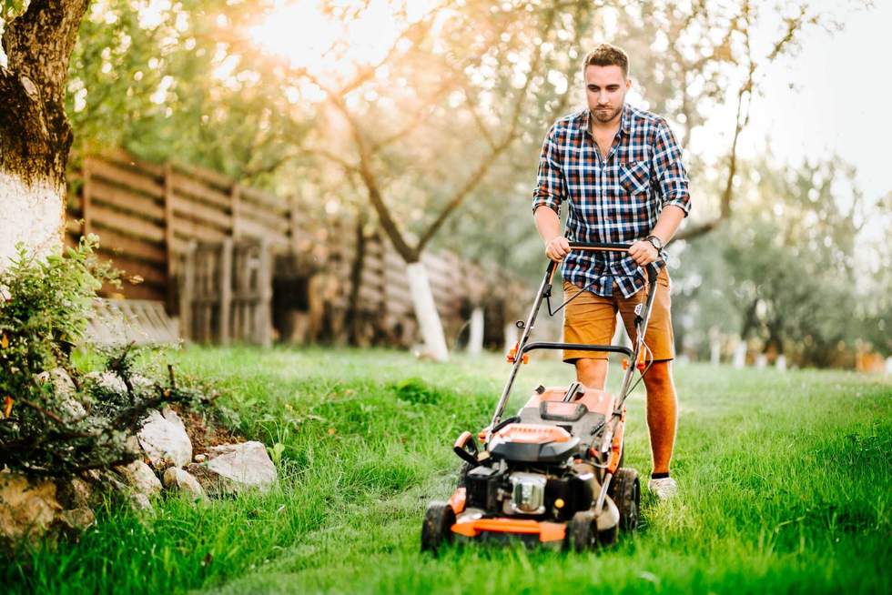 Garden and grass maintainance details - close up view of grass mower and worker