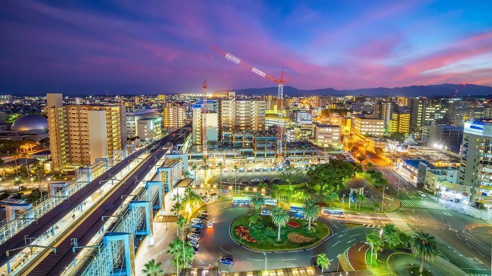 Miyazaki city downtown skyline cityscape in Kyushu, Japan at sunset
