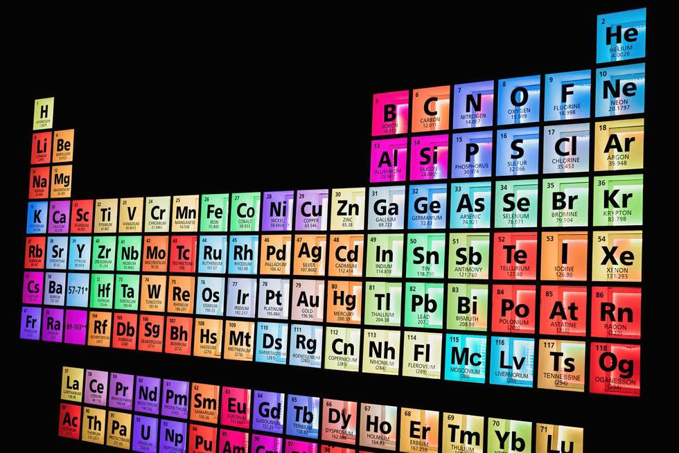 Periodic table of elements light box wall for chemistry, physics education in science class. Close up of periodic light box of elements details.