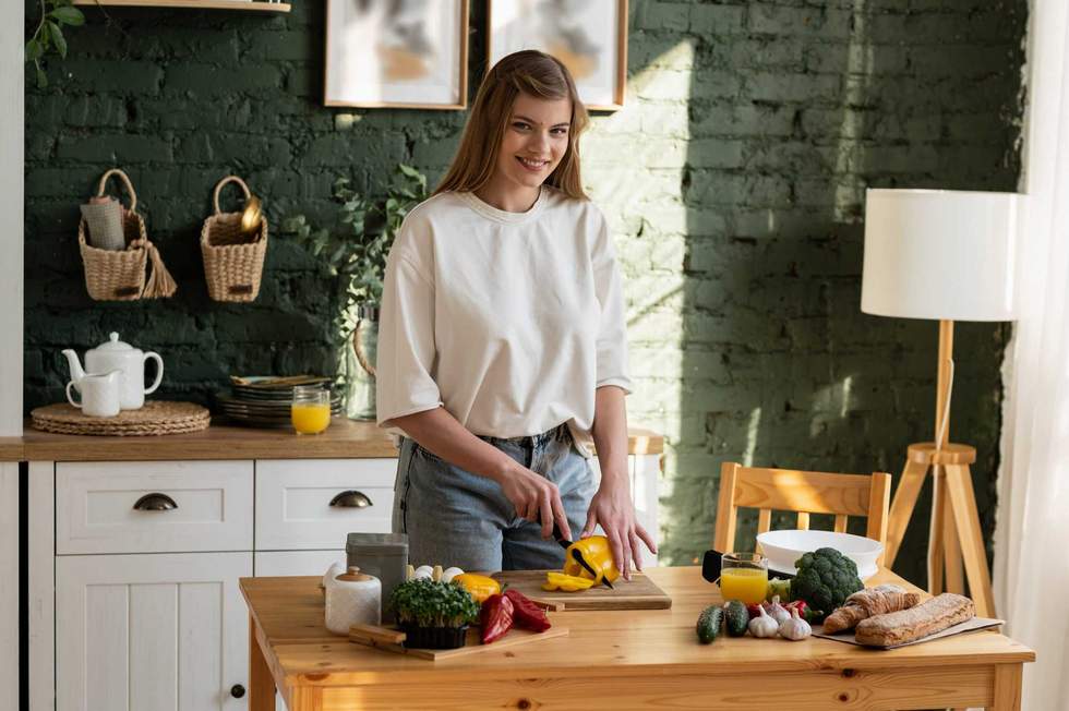 Photo on the topic of healthy eating. A young woman in the kitchen is slicing yellow bell pepper on a wooden cutting board and smiling at the camera. Horizontal photo.