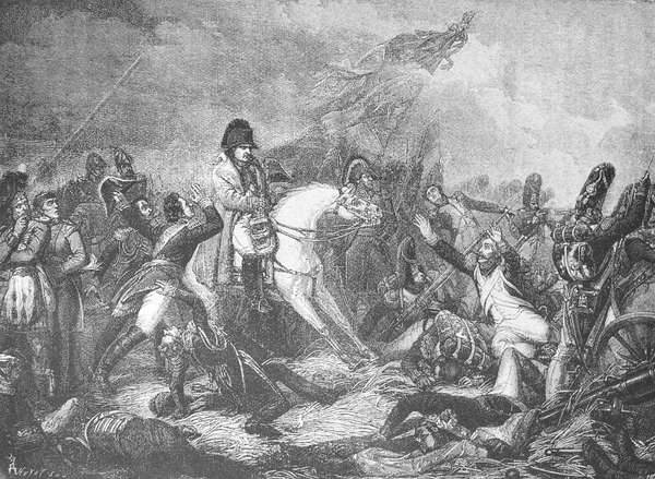 Picture of fight of Napoleon at Waterloo (18th of June, 1815); From the picture of Shteuben in the old book The History of Napoleon I
