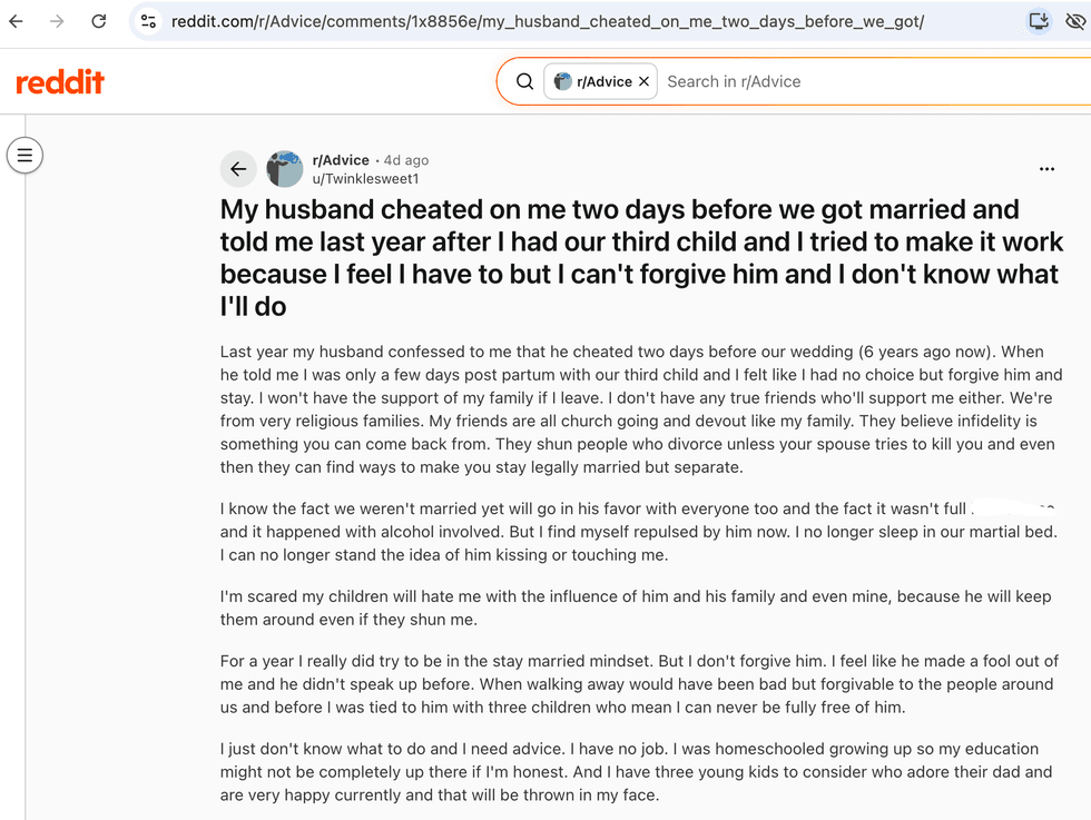 Pictured above is a screenshot of the original Reddit post for you to read
