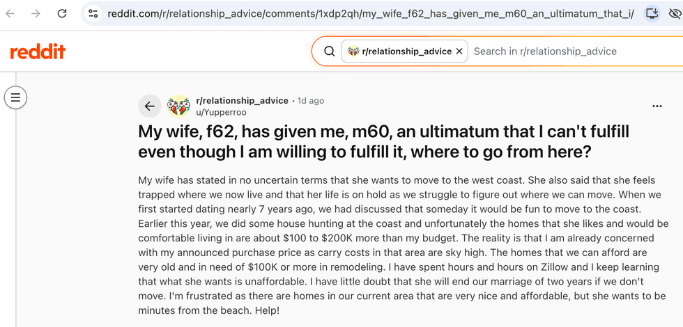 Pictured above is a screenshot of the original Reddit post for you to read
