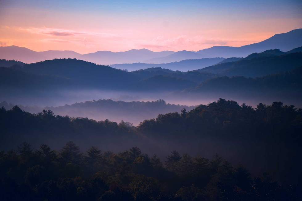 Sunrise over the Great Smoky Mountains in Tennessee. These Blue Ridge mountains are like no other!