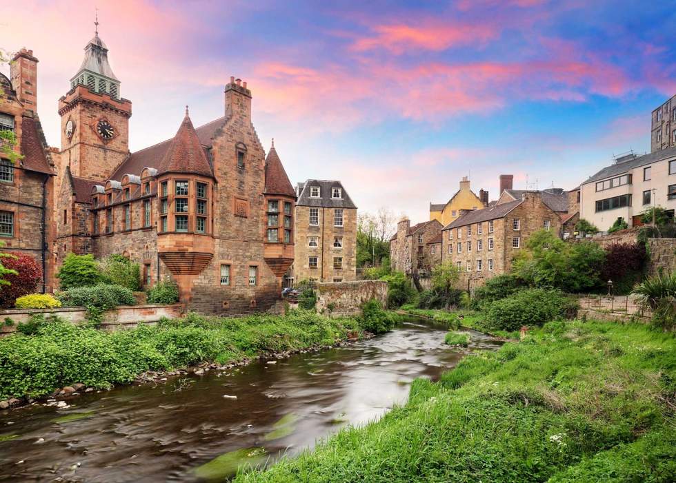Sunset landscape of the beautiful Dean’s Village in the city of Edinburgh, Scotland