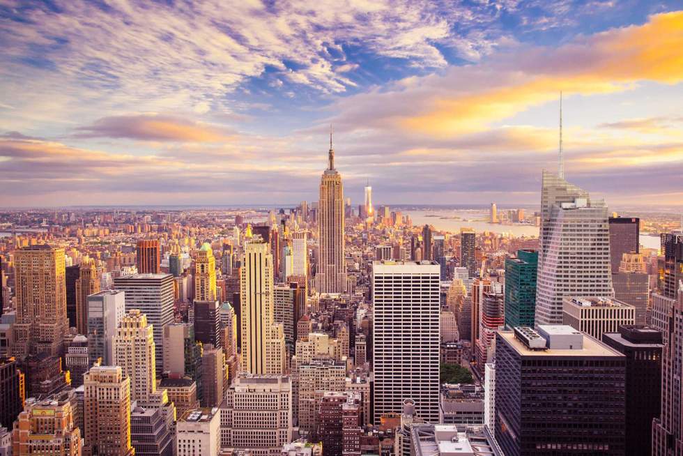 Sunset view of New York City looking over midtown Manhattan