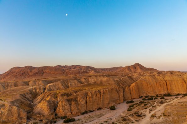 Dawn in the Judean Desert in Israel. A sky with a beautiful gradient, mountains of gold, a dry riverbed and a moon in the sky.