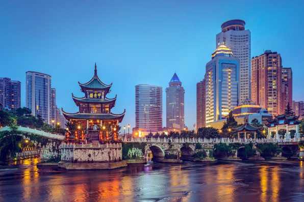 Guiyang, China skyline at Jiaxiu Pavilion on the Nanming River.