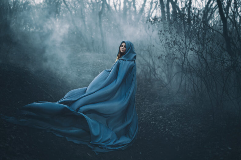 A big, beautiful woman in a blue raincoat, walks in a fog. Background dark forest, bare trees. Creative colors