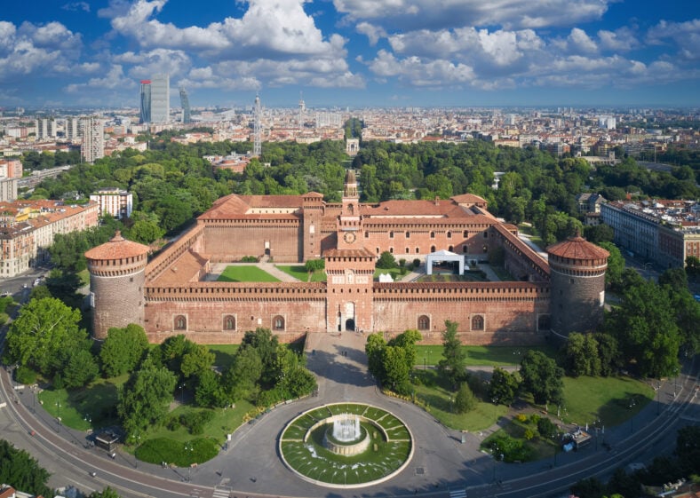 Castello Sforzesco aerial view. Top view of Sforzesco castle in Milan Italy. The main Italian castle in Milan. The residence of the Sforza dynasty of Milan in the center of Milan.