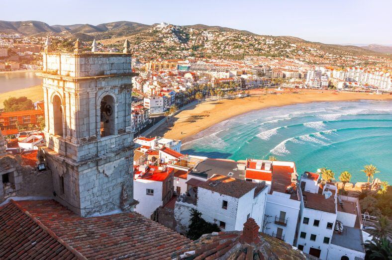 Spain. Valencia, Peniscola. View of the sea from a height of Pope Luna's Castle. The medieval castle of the Knights Templar on the beach. Beautiful view of the sea and the bay. Mediterranean Sea.