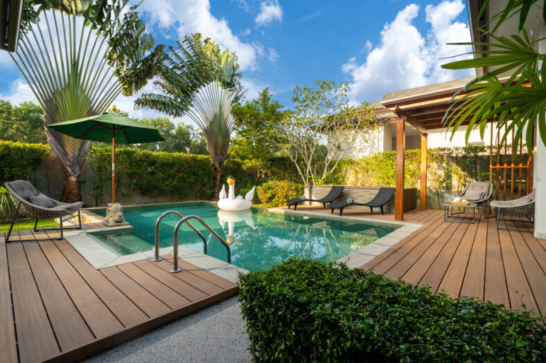 Swimming pool in tropical garden pool villa feature floating balloon