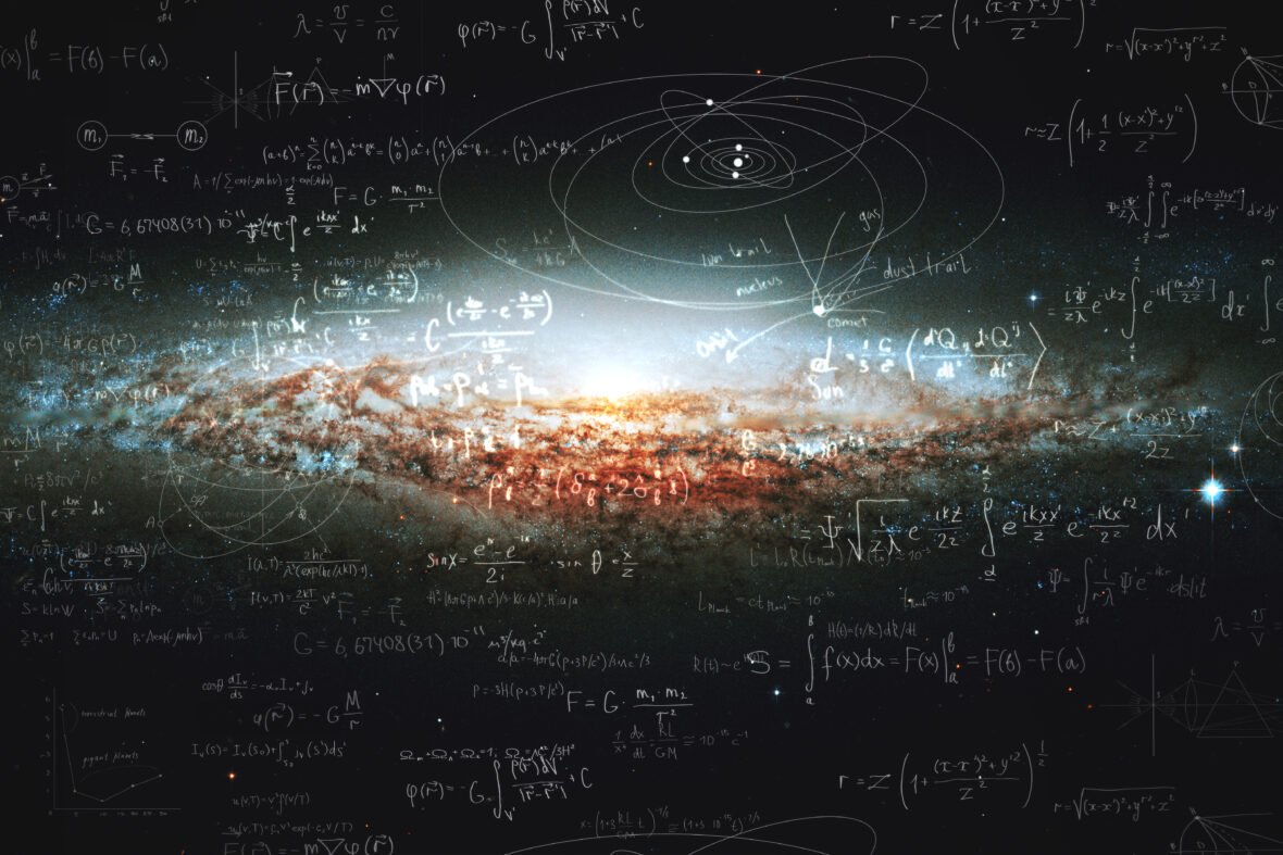Science and research of the universe, spiral galaxy and physical formulas, concept of knowledge and education. Elements of this image furnished by NASA.