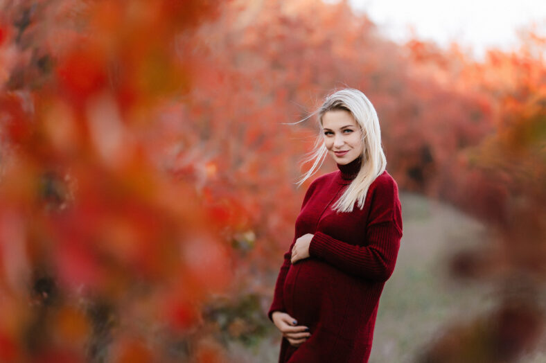Beautiful pregnant girl blonde on nature in the yellow and red leaves of autumn