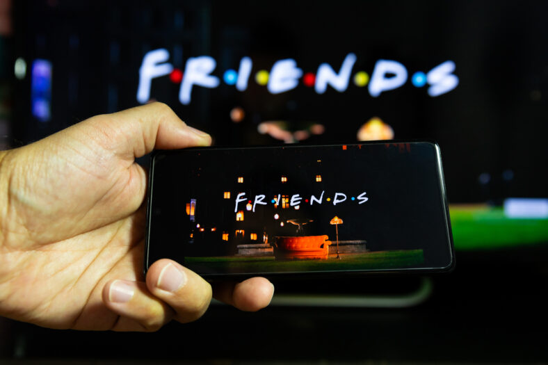 Watching Friends tv show on HBO Max via Smartphone. An American comedy television sitcom, created by David Crane and Marta Kauffman. Airing on HBO max