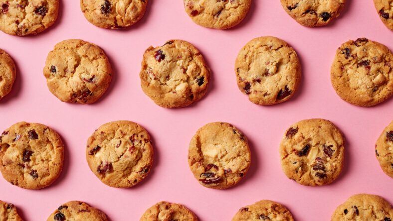Fresh cookies with cranberries and white chocolate