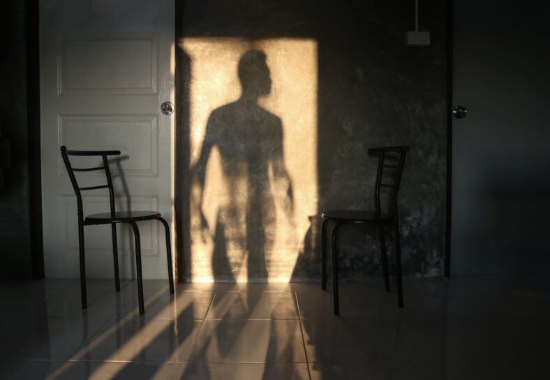 The shadow of the man stood at the door on the wall of the room.