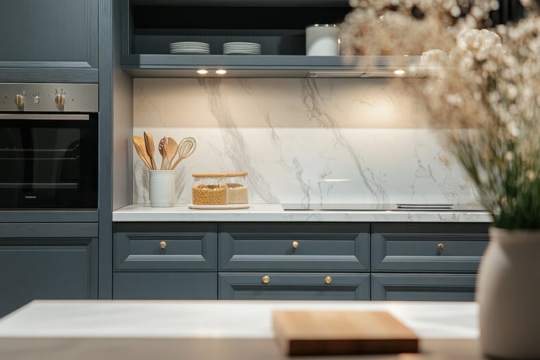 Modern kitchen with marble countertop, blue cabinets, and wooden utensils.