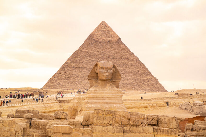 The Great Sphinx of Giza is a sphinx statue located in the Giza pyramids area in Cairo, Egypt.