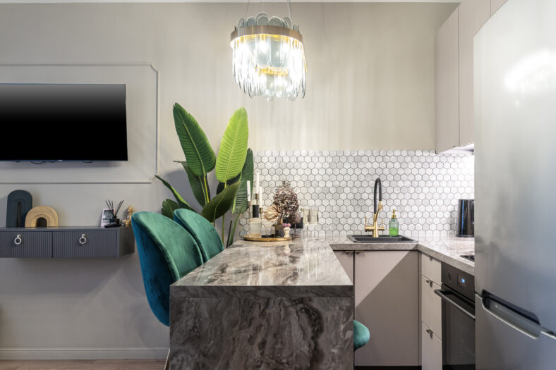 stylish design of small kitchen in shades of gray. Cozy atmosphere in kitchen, dim lights. Grey furniture. large indoor flower with green leaves. Modern kitchen design with cabinets and backsplash.