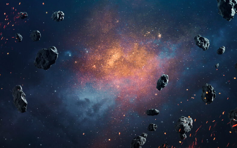 Abstract cosmic background with asteroids and glowing stars. Deep space image, science fiction fantasy in high resolution ideal for wallpaper and print. Elements of this image furnished by NASA