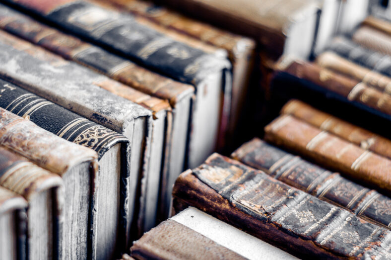 Books with leather covers in a row. Aged, used books.