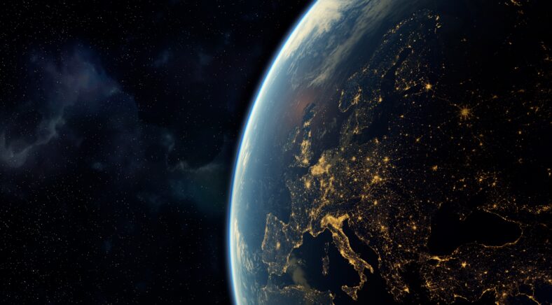 earth seen from space,visible lights of European cities at night.Elements of this image furnished by NASA.