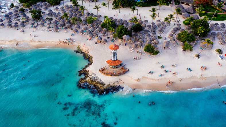 Dominican Republic Bayahibe beach Lighthouse aerial photo by drone. Crystal clear sea with beautiful beach.