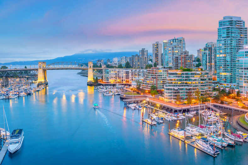Beautiful view of downtown Vancouver skyline, British Columbia, Canada at sunset