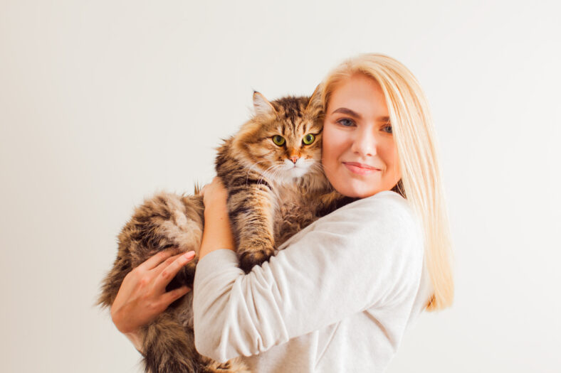 Beautiful woman holding a Siberian cat with green eyes over white background