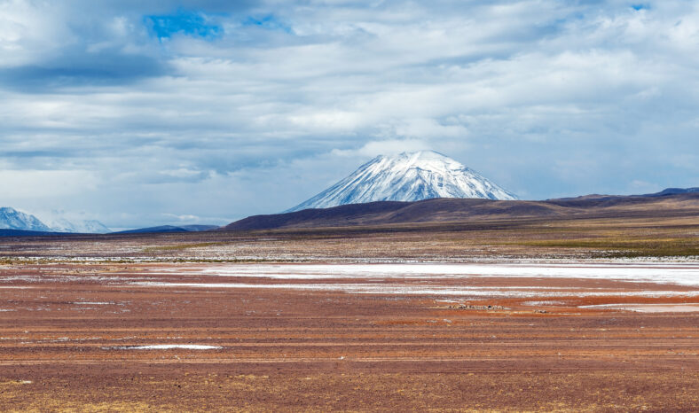 Misti volcano with snow and altiplano, Salinas y Aguada Blanca national reserve, Arequipa province, Peru.