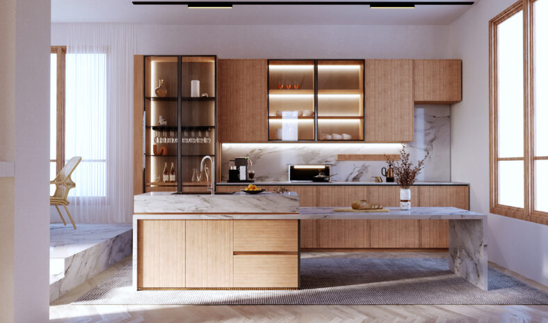 3d rendering,3d illustration, Interior Scene and Mockup,Modern style kitchen, kitchen counter and island, wood grain material and white marble, partially decorated with glass front.