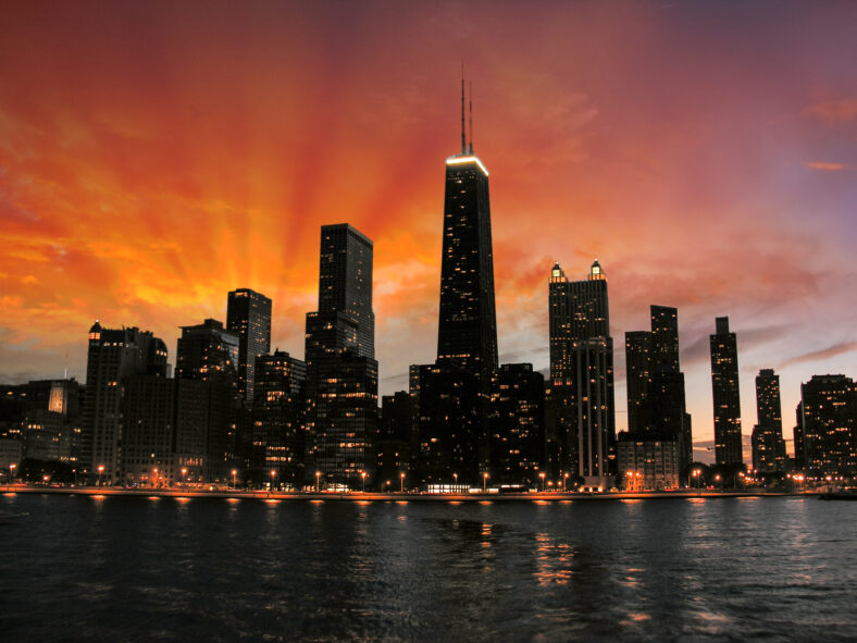 Wonderful Chicago Skyscrapers Silhouette at sunset.