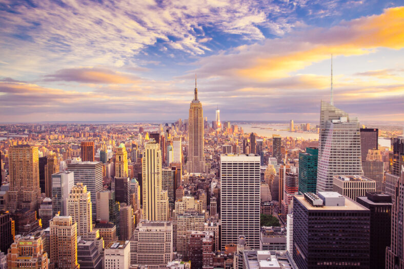 Sunset view of New York City looking over midtown Manhattan