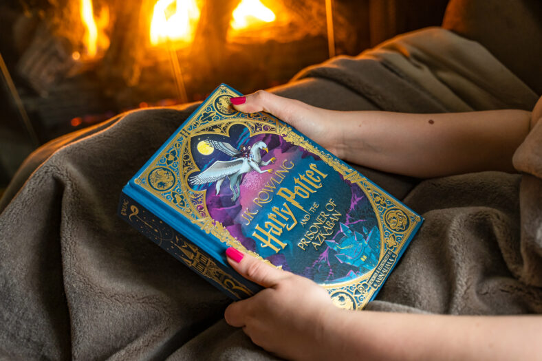 Teenage girl reading a Harry Potter book near the fireplace. New books from MinaLima publishing house.