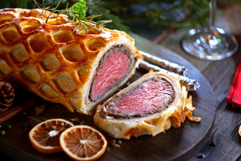 Beef Wellington - a fillet of beef tenderloin steak wrapped in puff pastry. Selective focus