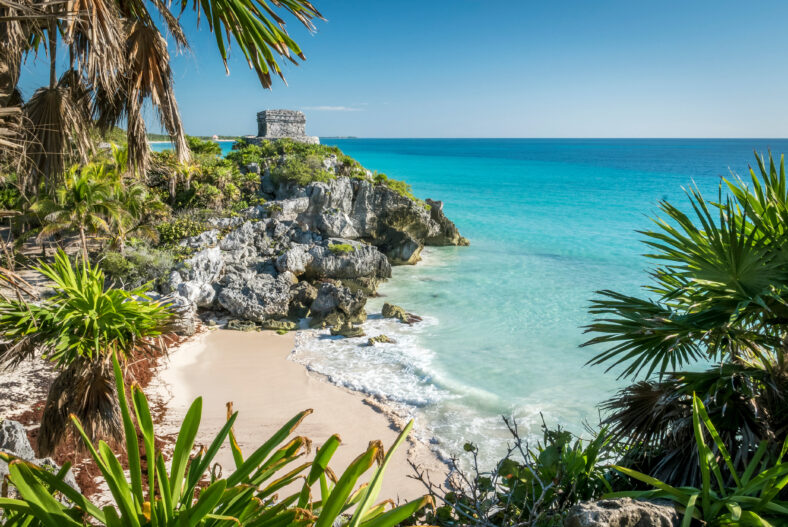 Tulum mayan ruins on the sea in yucatan mexico