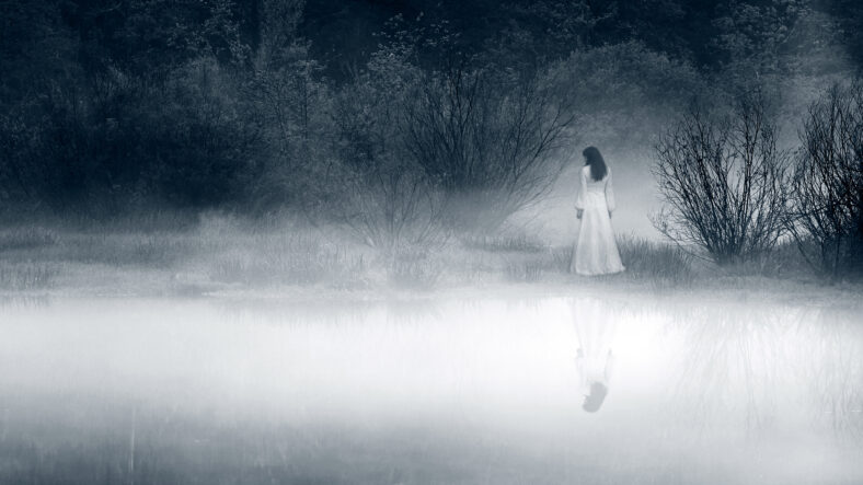 Lady at the lake, vintage filter - horror scene