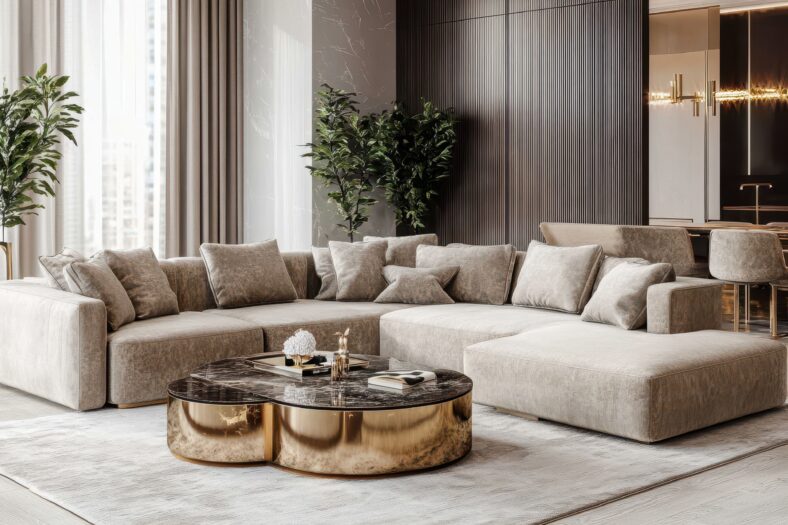 Modern beige sectional sofa with marble coffee table in luxury living room.