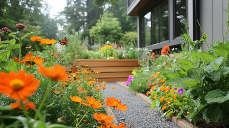 Backyard garden with multiple raised wooden garden beds filled with vibrant flowers, lush green plants, and various herbs, warm sunlight, inviting atmosphere, mix of colorful blooms, In the background, a modern dark-colored house with large windows is partially visible, surrounded by trees and a wooden fence.