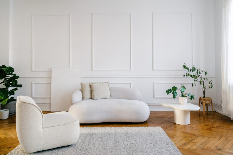 Classic living room showcases a comfortable white sofa, cozy armchair, and decor elements, creating a serene and inviting atmosphere in a contemporary apartment with copy space wall on background