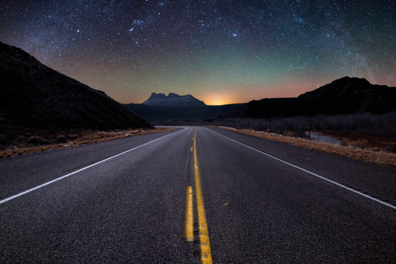 highway at night with stars