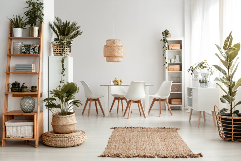 Plantas en estantes y alfombra en el interior de apartamento blanco con sillas en la mesa de comedor debajo de la lámpara. Foto real