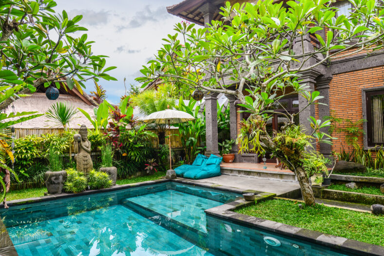 Garden on back yard with swimming pool and cozy gazebo near traditional balinese house for rent, Ubud, Indonesia