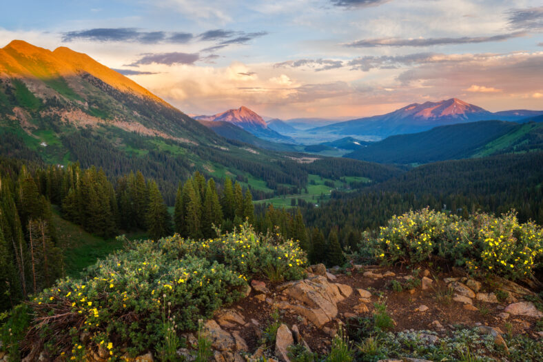 A beautiful sunset on the mountainside overlooking Mt Crested Butte on a wildflower summer day
