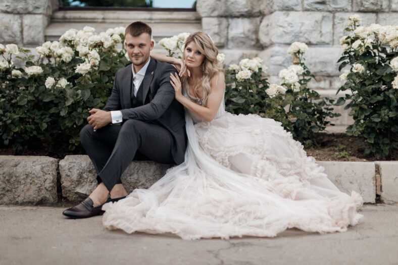 portrait of a happy bride and groom, wedding love emotions. High quality photo