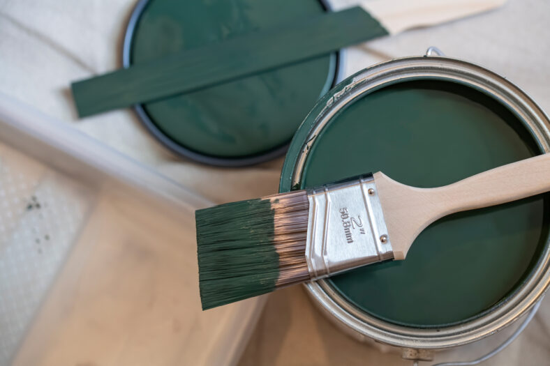 Looking down on a paint brush sitting on a gallon of green paint
