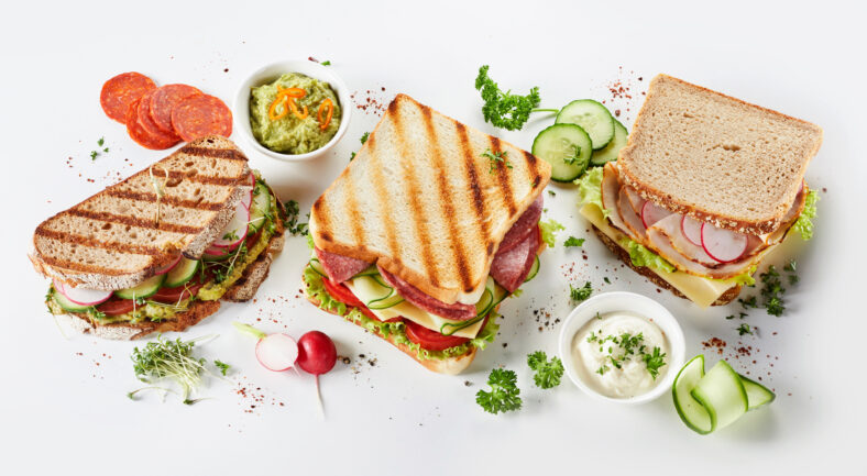 Trio of gourmet sandwiches on assorted bread with meat, cheese, guacamole and pesto fillings surrounded by ingredients and seasoning on white in a panorama banner