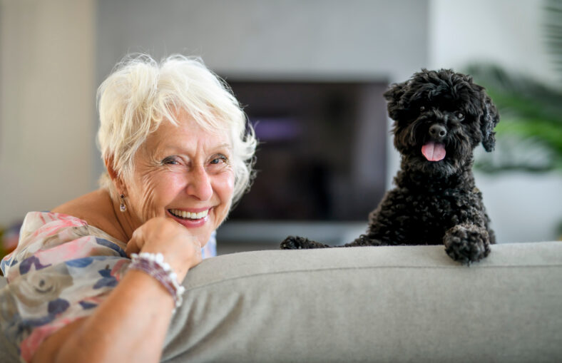 A cute senior woman with poodle on the living room