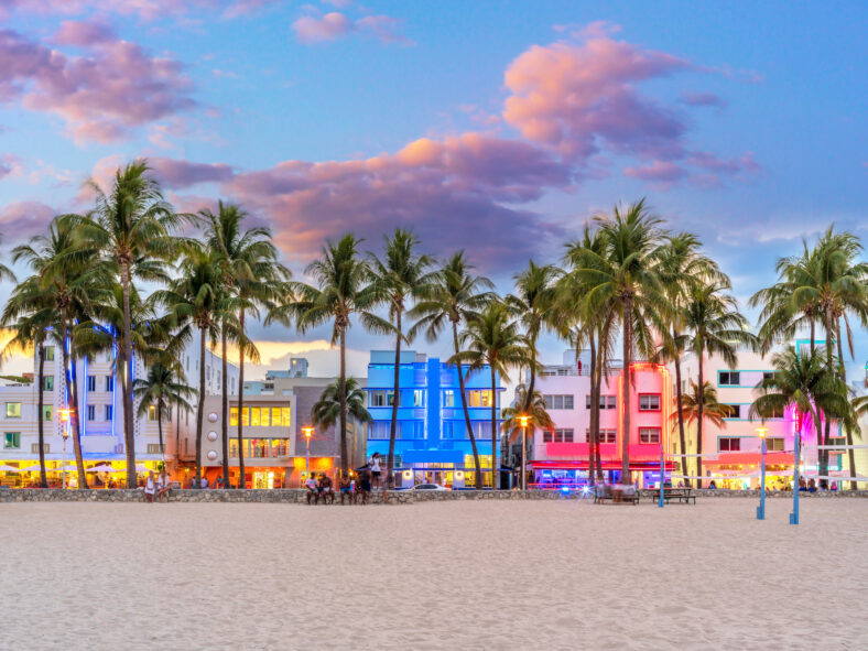 Sunset, South Beach, Ocean Drive, Floridas East Coast Miami Florida USA